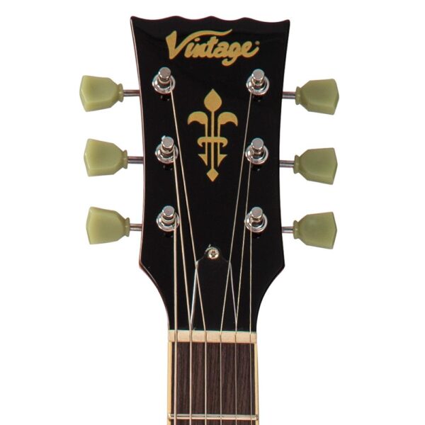 Vintage V100THB Reissued Electric Guitar Flamed Thru Honeyburst - Headstock