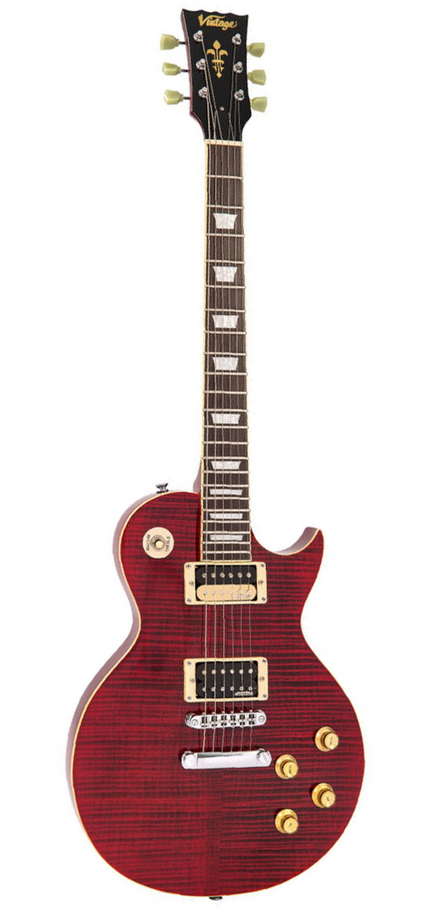 Vintage V100TWR Reissued Electric Guitar – Flamed Trans Wine Red - Full