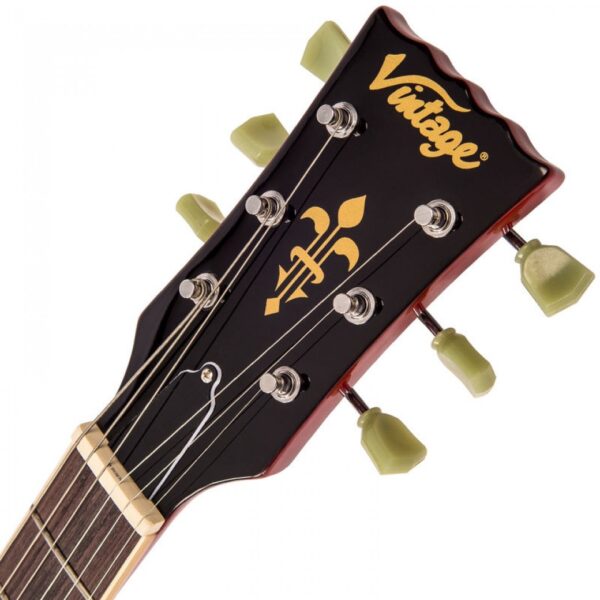 Vintage V100TWR Reissued Electric Guitar – Flamed Trans Wine Red - Headstock