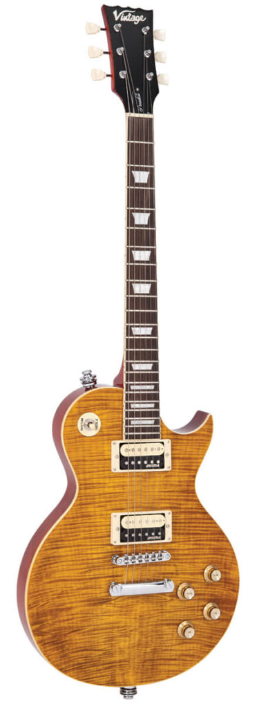 Vintage V100AFD Reissued Electric Guitar - Flamed Amber - Full