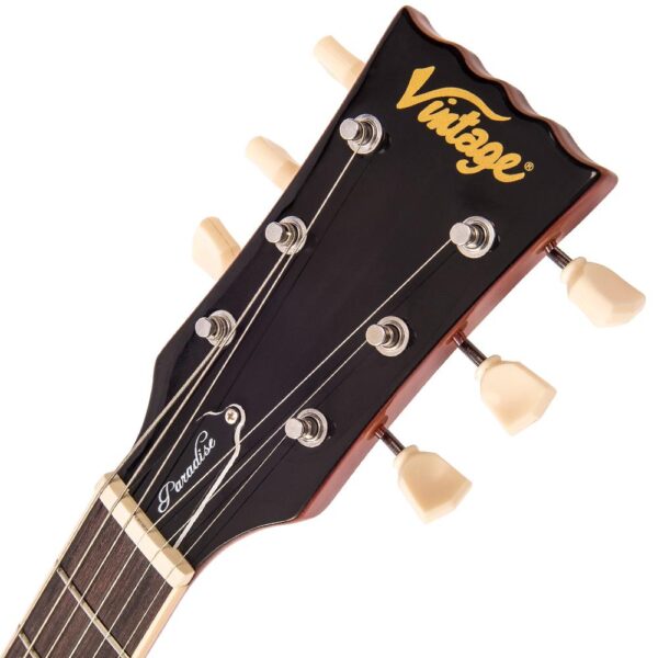 Vintage V100AFD Reissued Electric Guitar - Flamed Amber - Headstock
