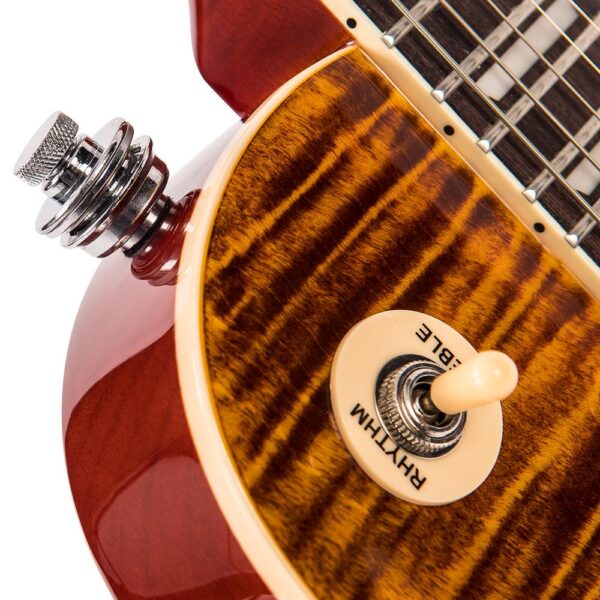 Vintage V100AFD Reissued Electric Guitar - Flamed Amber - Strap Locks