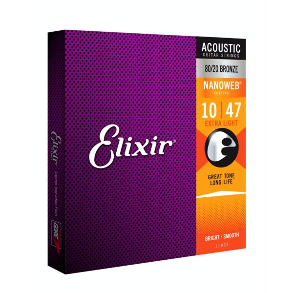 Elixir E11002 Nanoweb 80:20 Bronze Acoustic Guitar Strings - Extra Light - 10-47 - Pack