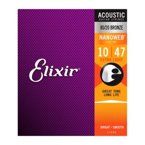 Elixir E11002 Nanoweb 80/20 Bronze Acoustic Guitar Strings - Extra Light - 10-47