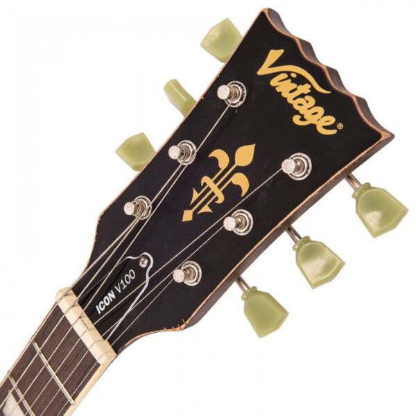 Vintage V100MRTSB ICON Electric Guitar - Distressed Tobacco Sunburst - Headstock