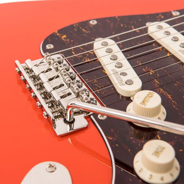 Vintage V6MFR Reissued Electric Guitar - Firenza Red - Bridge
