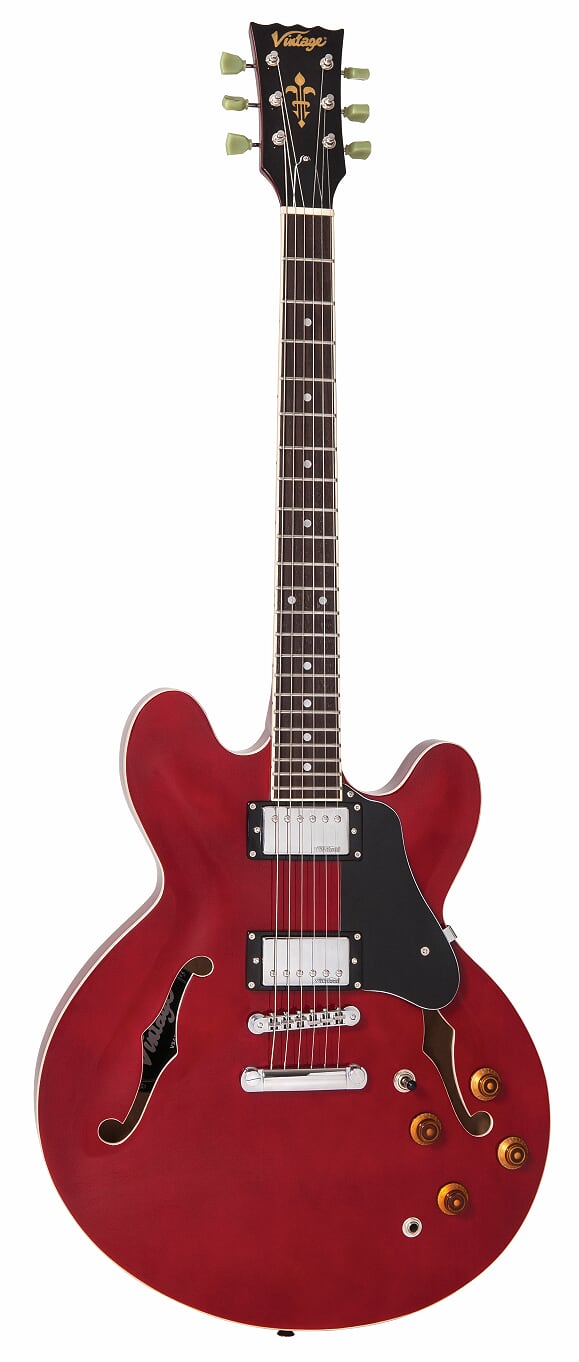 Vintage VSA500CR Reissued Semi Acoustic Guitar - Cherry Red - Full