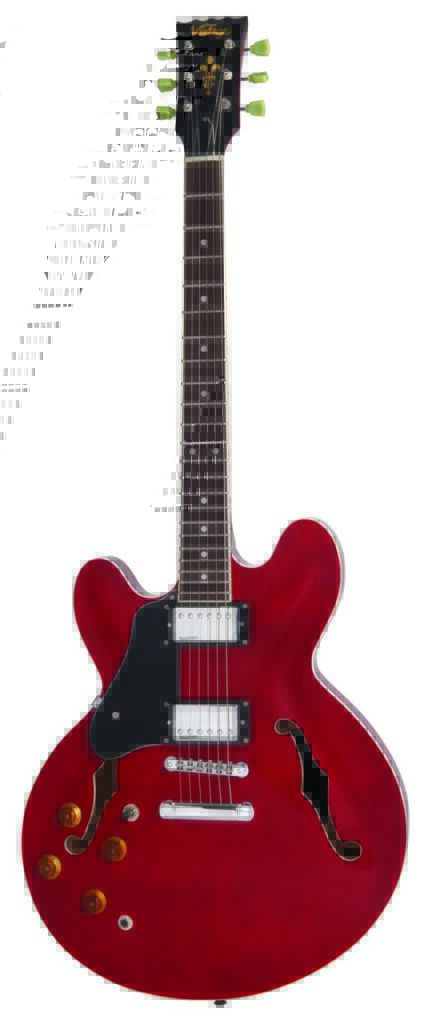 Vintage LVSA500CR Reissued Semi Acoustic Guitar - Left Hand Cherry Red - Full