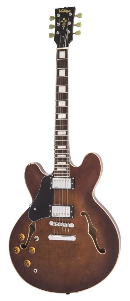 Vintage LVSA500W Reissued Semi Acoustic Guitar - Left Hand Natural Walnut - Full