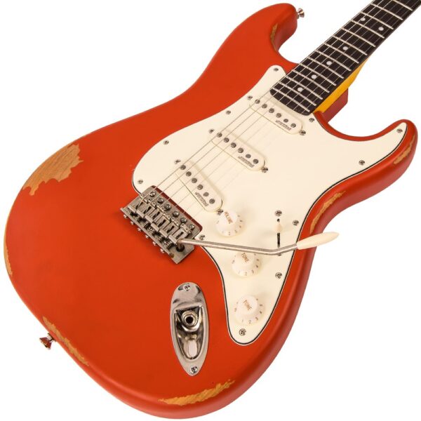 Vintage V6MRFR ICON Electric Guitar - Distressed Firenza Red - Body