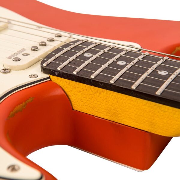 Vintage V6MRFR ICON Electric Guitar - Distressed Firenza Red - Neck