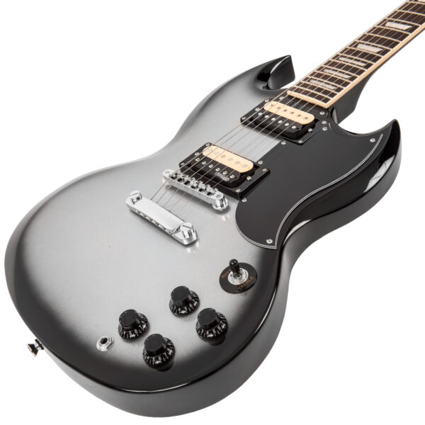 Vintage VS6SVB 25th Anniversary Series Electric Guitar - Silver Burst - Body Angle