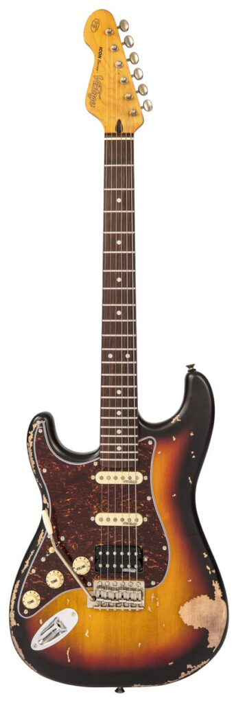 Vintage LV6HMRSB ICON HSS Electric Guitar - Left Hand Distressed Sunburst - Full