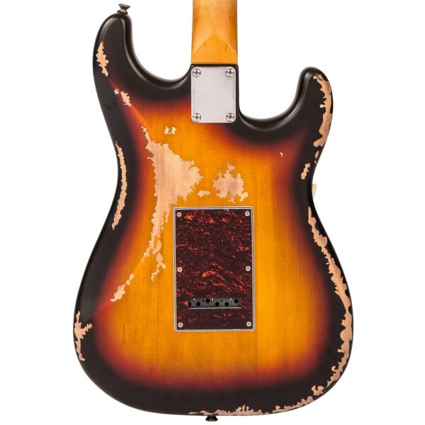Vintage V6H ICON HSS Electric Guitar - Left Hand Distressed Sunburst - Body Back