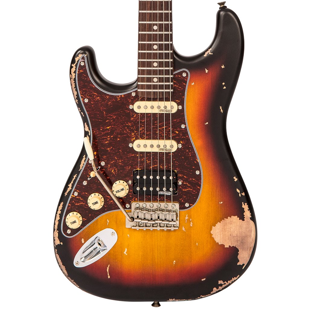 Vintage LV6HMRSB ICON HSS Electric Guitar Left Hand Distressed Sunburst Zebra Muzik