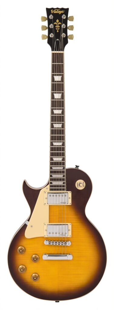 Vintage LV100IT Reissued Electric Guitar - Left Hand Flamed Iced Tea - Full