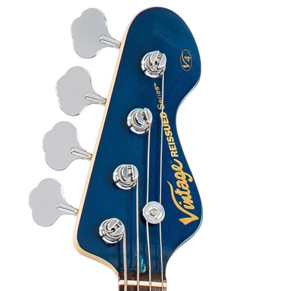 Vintage V4BBL Reissued Bass Guitar - Bayview Blue - Matching Headstock