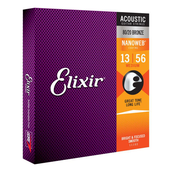 Elixir Nanoweb 80/20 Bronze Medium Acoustic Guitar Strings - 13-56 - Angle
