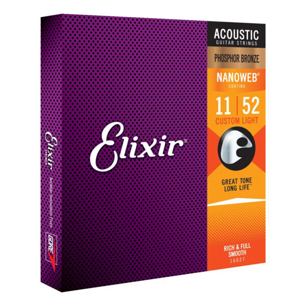 Elixir Nanoweb Phosphor Bronze Custom Light Acoustic Guitar Strings - 11-52 - Angle