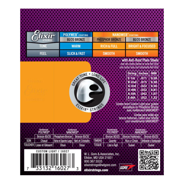 Elixir Nanoweb Phosphor Bronze Custom Light Acoustic Guitar Strings - 11-52 - Back