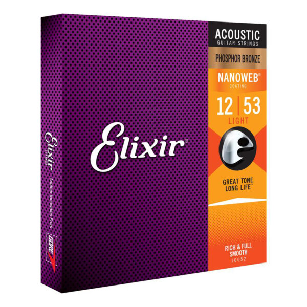 Elixir Nanoweb Phosphor Bronze Light Acoustic Guitar Strings - 12-53 - Angle