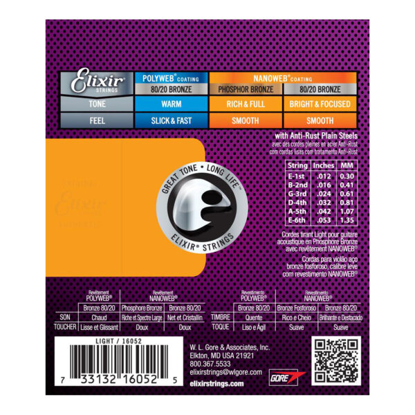 Elixir Nanoweb Phosphor Bronze Light Acoustic Guitar Strings - 12-53 - Back