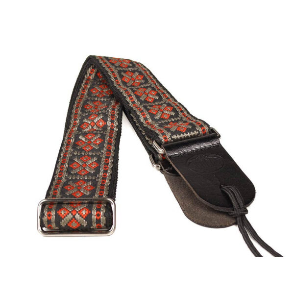 Gaucho Traditional Series 2 Jacquard Weave Guitar Strap - Red and Grey - Leather Ends