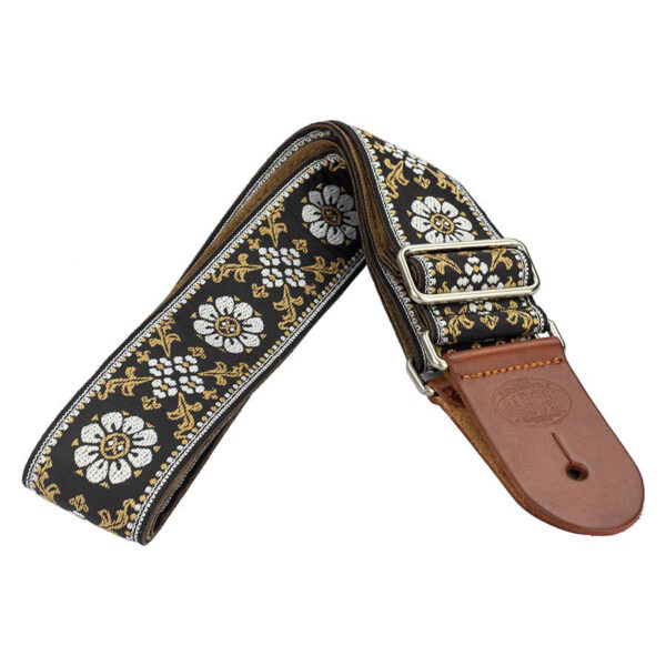 Gaucho Traditional Deluxe Series 2 Jacquard Weave Guitar Strap - Black and White - Brown Leather Ends