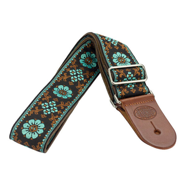 Gaucho Traditional Deluxe Series 2 Jacquard Weave Guitar Strap - Brown and Blue - Brown Leather Ends