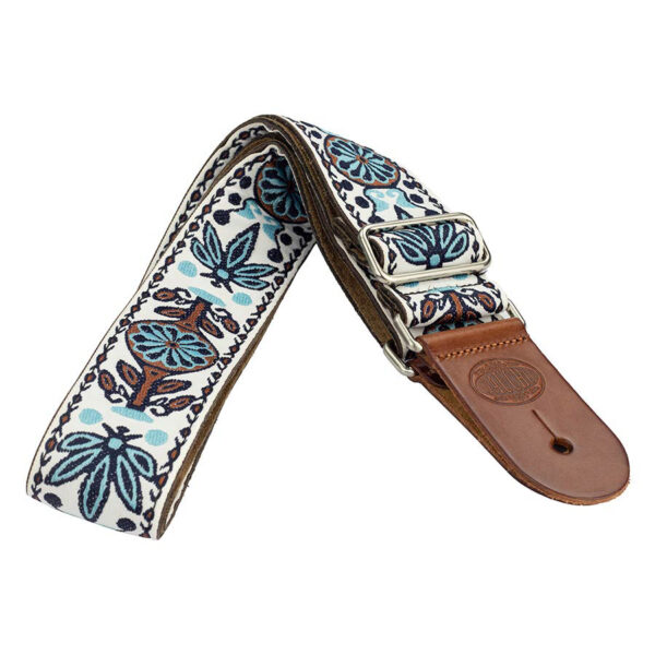 Gaucho Traditional Deluxe Series 2 Jacquard Weave Guitar Strap - White and Blue - Brown Leather Ends
