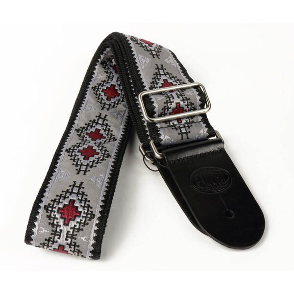 Gaucho Traditional Series 2 Jacquard Weave Guitar Strap - Grey and Red - Leather Ends