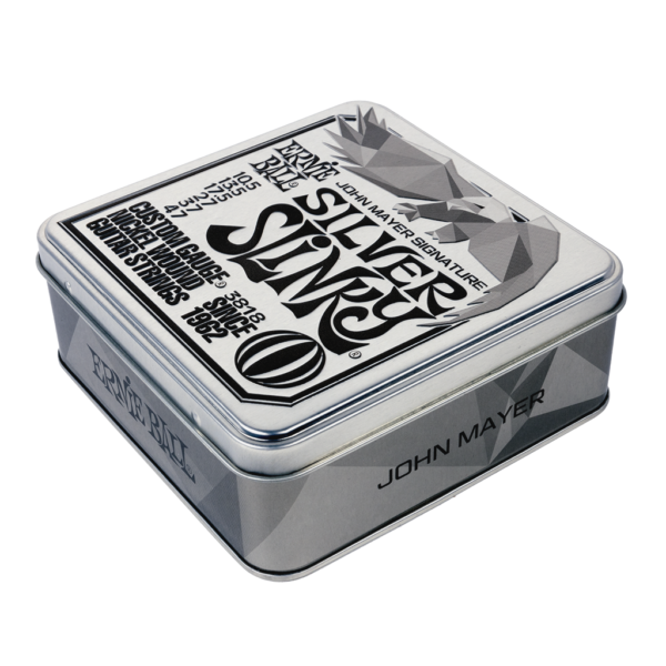 Ernie Ball Silver Slinky John Mayer Signature Electric Guitar Strings 3 Pack Tin - 10.5-47 - Angle