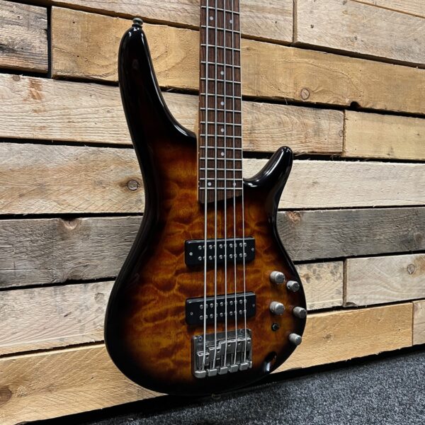 Ibanez Soundgear SR405EQM 5-String Electric Bass Guitar (Pre-Owned) - Dragon Eye Burst - Angle 1