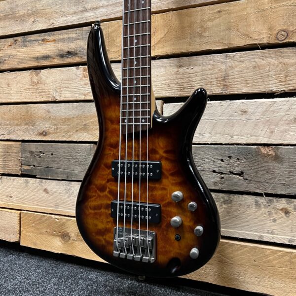 Ibanez Soundgear SR405EQM 5-String Electric Bass Guitar (Pre-Owned) - Dragon Eye Burst - Angle 2