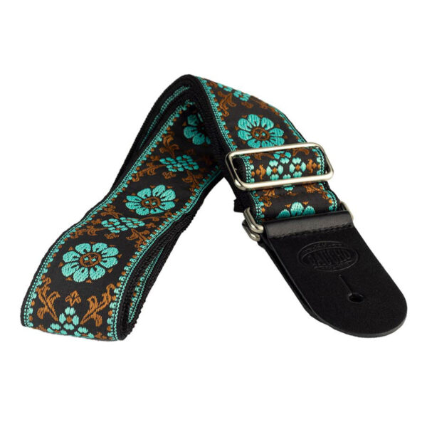 Gaucho Traditional Series 2 Jacquard Weave Guitar Strap - Teal:Black - Leather Ends