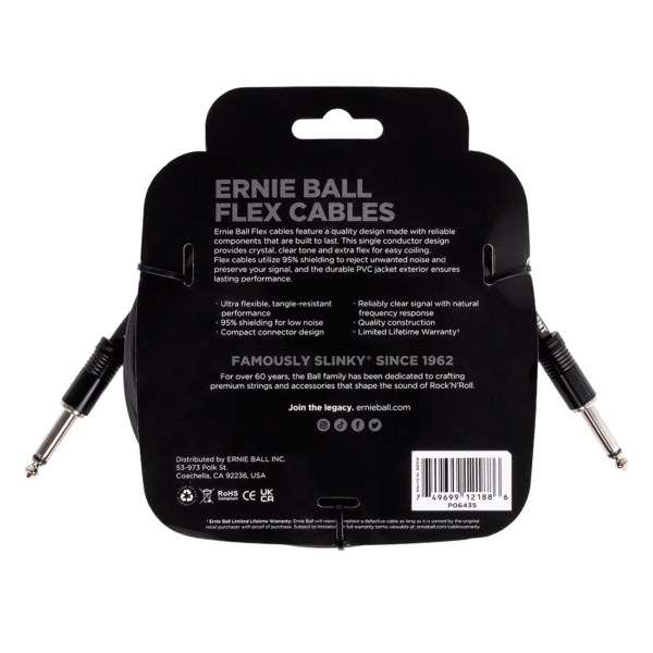 Ernie Ball Flex Instrument Cable Straight:Straight - 20ft:6m - Black - Back