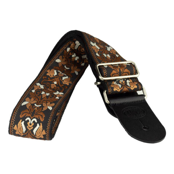 Gaucho Traditional Series 2 Jacquard Weave Guitar Strap - Black and Gold - Leather Ends