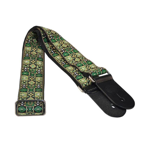 Gaucho Traditional Series 2 Jacquard Weave Guitar Strap - Green Mosaic - Leather Ends