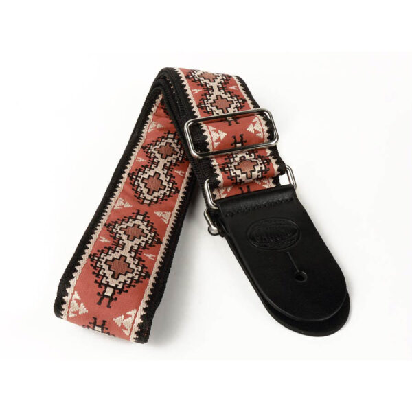 Gaucho Traditional Series 2 Jacquard Weave Guitar Strap - Red Aztec - Leather Ends